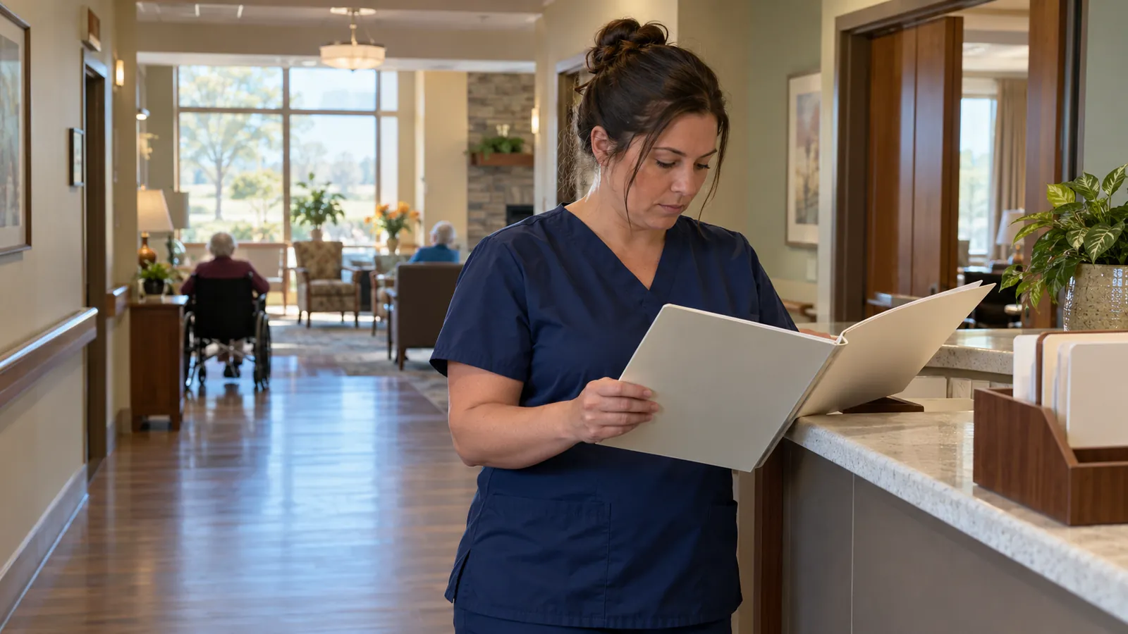A caregiver in scrubs reviewing a resident care chart at a nurses' station in a quiet assisted living hallway