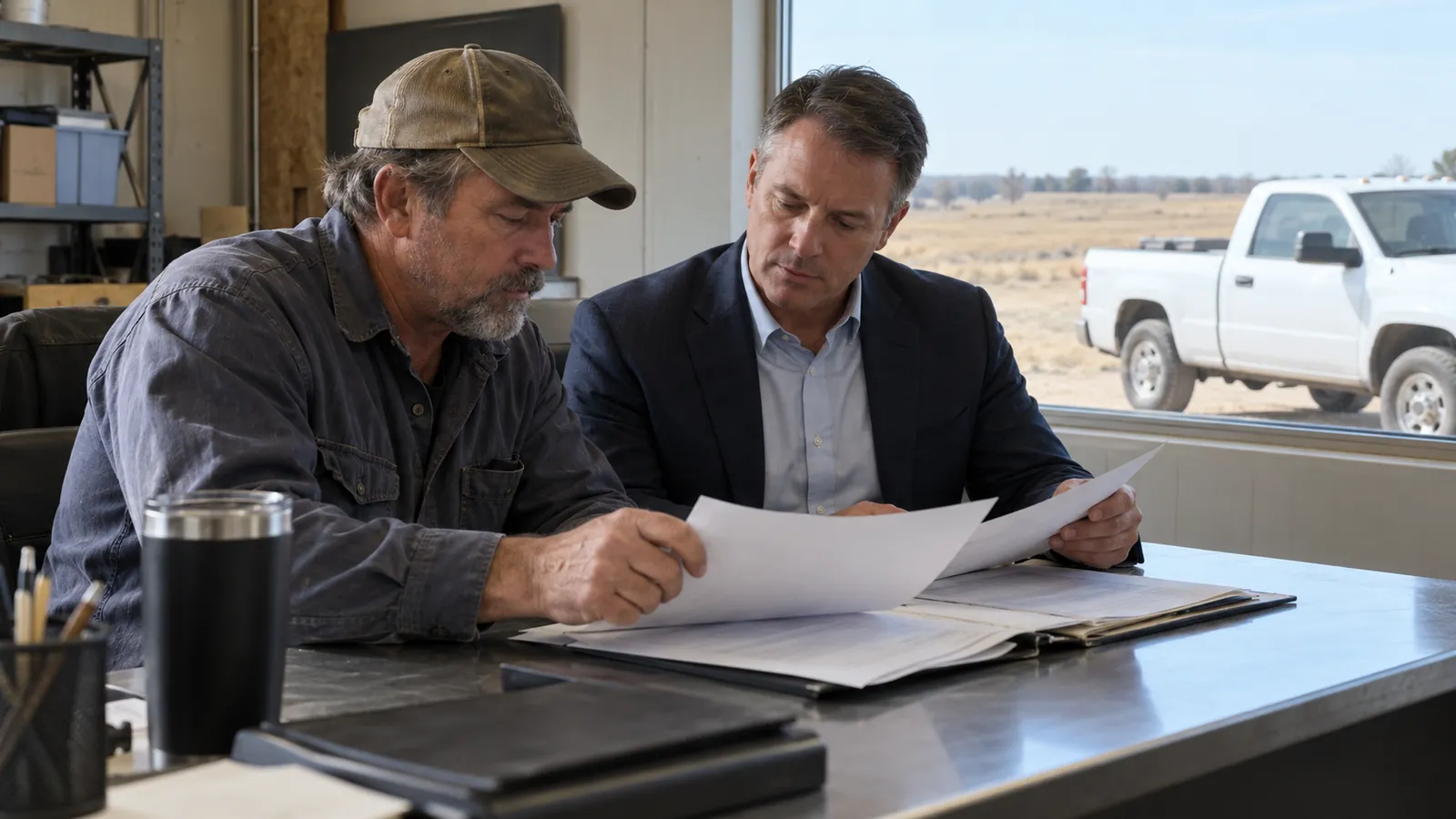 An Oklahoma City business owner in his fifties and a broker reading printed financial statements together at a metal desk in a shop office, a work truck visible through the window