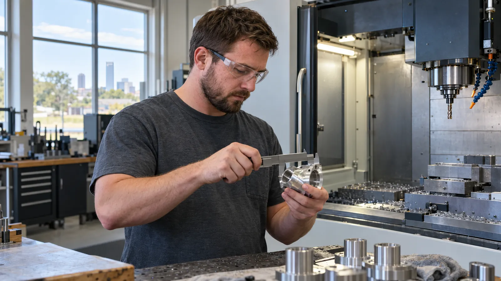 A machinist in safety glasses checking a finished metal part with calipers beside a CNC milling machine in a clean shop
