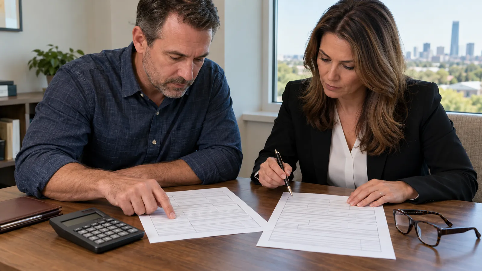 A business owner and a CPA reviewing a state tax form and a printed closing statement at a desk, a calculator and reading glasses beside them