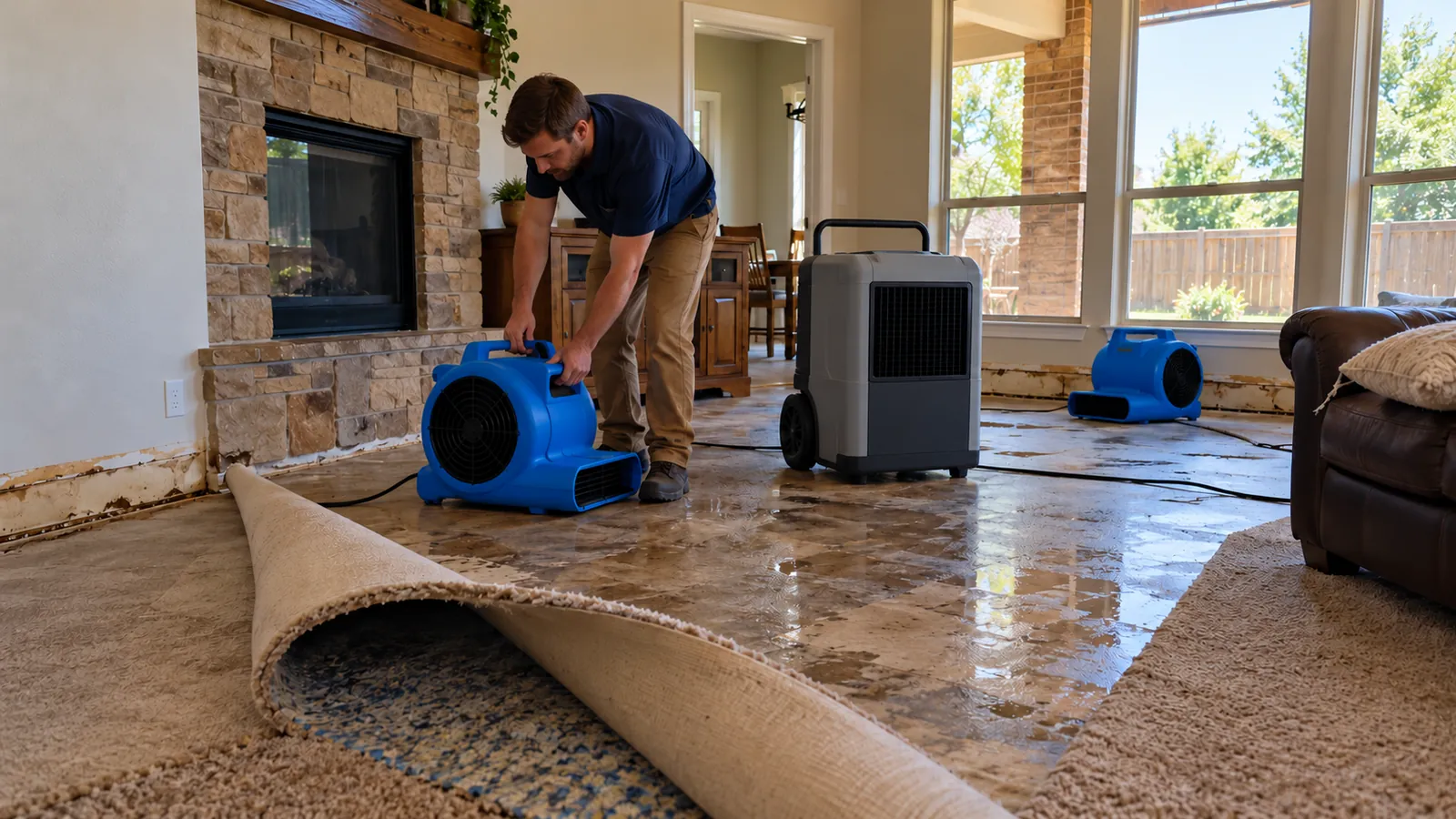 A restoration technician setting up air movers and a dehumidifier in a water damaged living room with the carpet pulled back